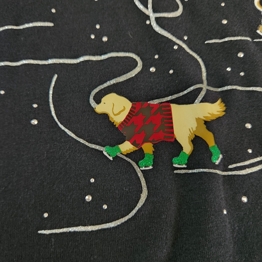 Ice Skating Dogs Cotton T-Shirt Large Black Glitter Whimsigoth Holiday Novelty - Picture 8 of 10